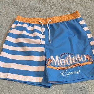 Modelo Cerveza Beer Blue and White Swim Shorts with Orange Trim